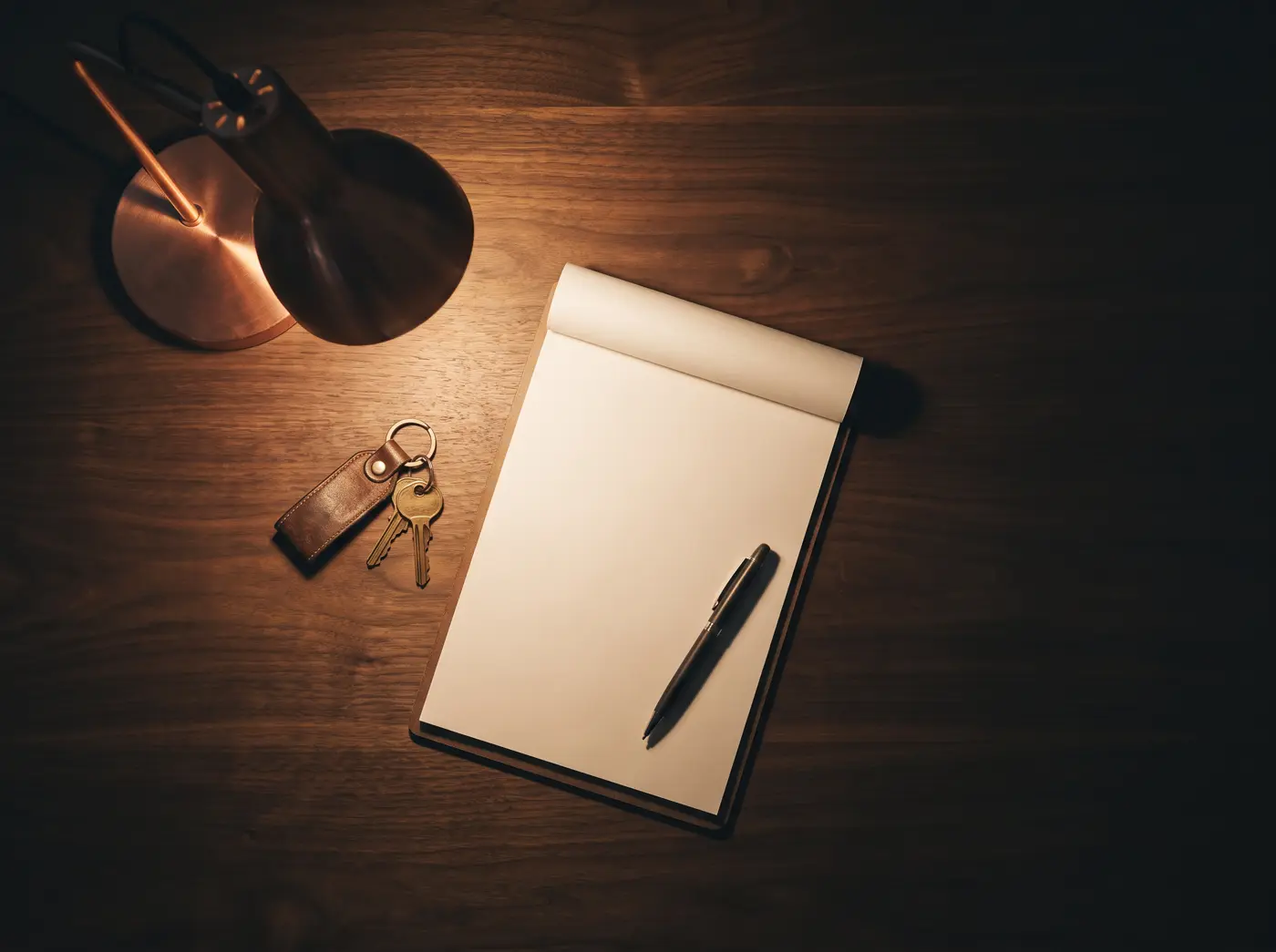 A quiet desk scene with keys, an inspection notepad, and a pen lit by a copper desk lamp