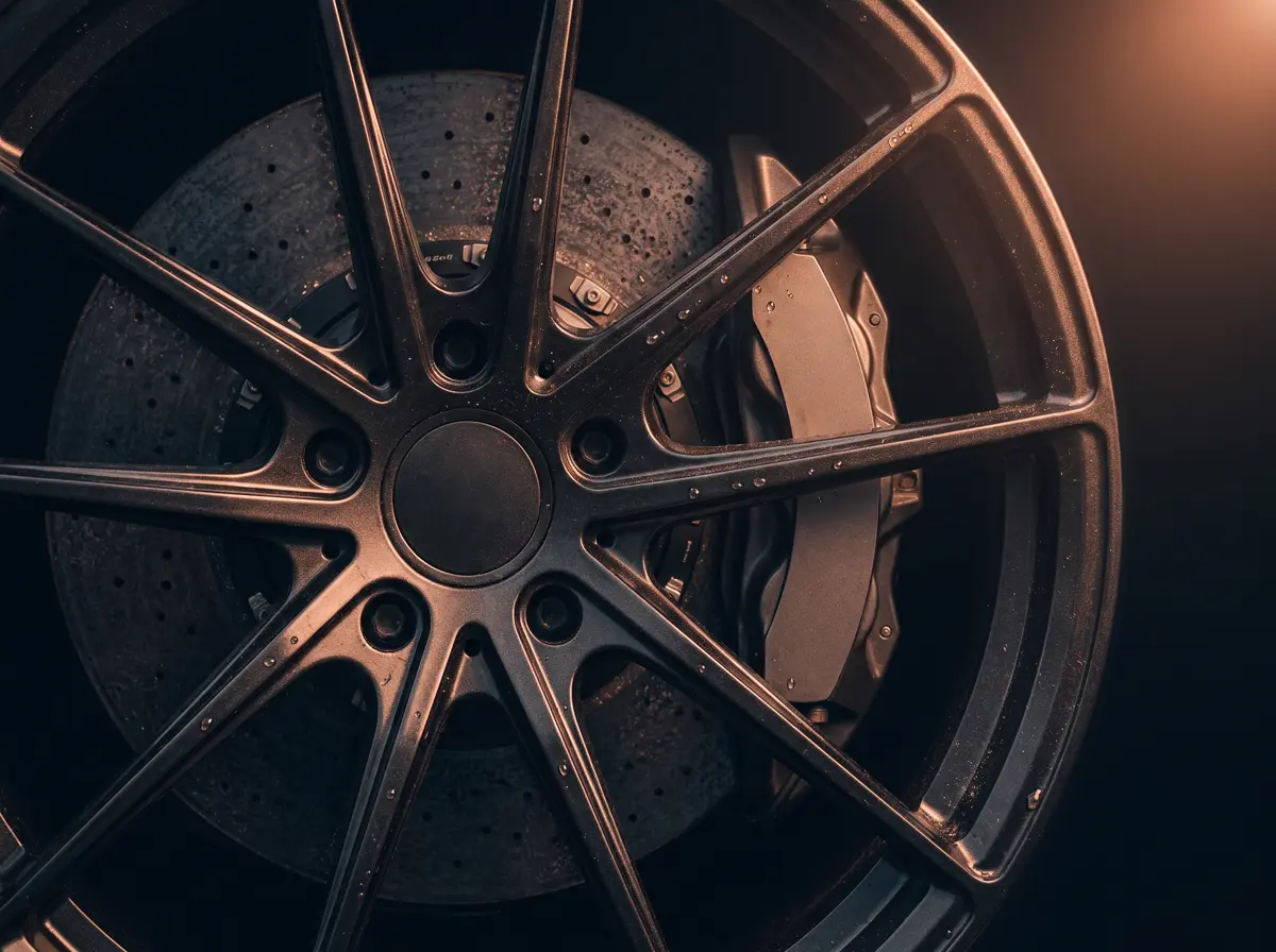Macro detail of a performance alloy wheel and brake caliper under copper rim light