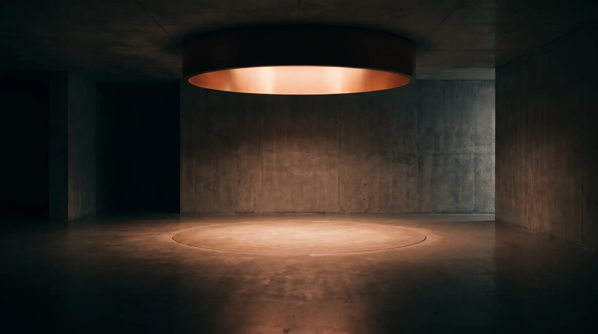 An empty dark showroom bay lit by a single copper spotlight, awaiting the first car