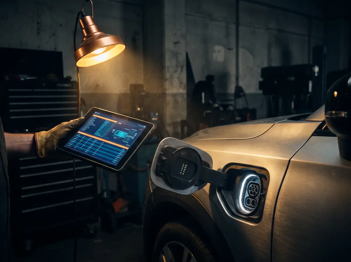 A technician's gloved hand holding a diagnostic tablet at an EV charging port during inspection